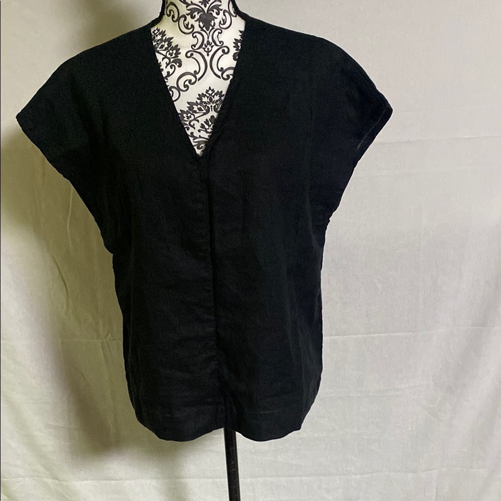 Lenok Linen Black Relaxed Cap Sleeve Blouse Medium Popover lightweight Organic